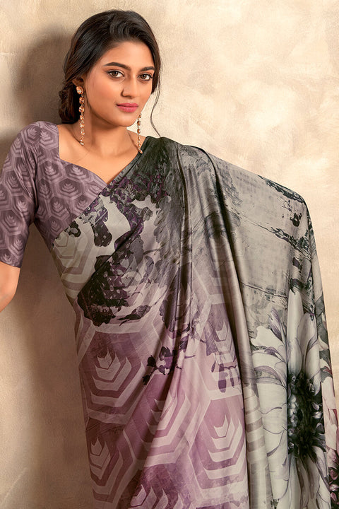 VastraLakshmi Lagniappe Grey Digital Printed Soft Silk Saree With Scintilla Blouse Piece