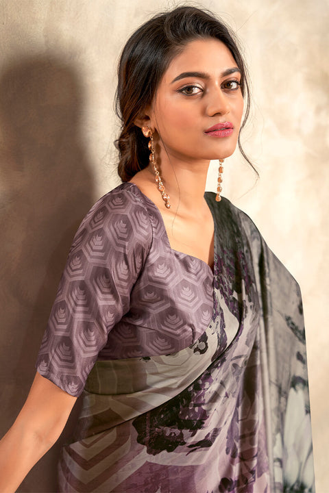 VastraLakshmi Lagniappe Grey Digital Printed Soft Silk Saree With Scintilla Blouse Piece