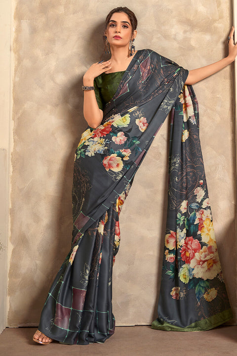 VastraLakshmi Scrumptious Black Digital Printed Soft Silk Saree With Exuberant Blouse Piece