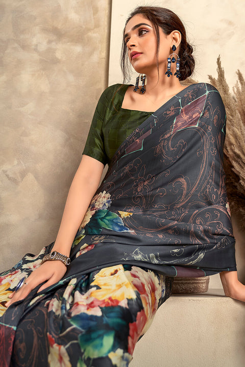 VastraLakshmi Scrumptious Black Digital Printed Soft Silk Saree With Exuberant Blouse Piece