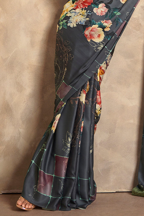 VastraLakshmi Scrumptious Black Digital Printed Soft Silk Saree With Exuberant Blouse Piece