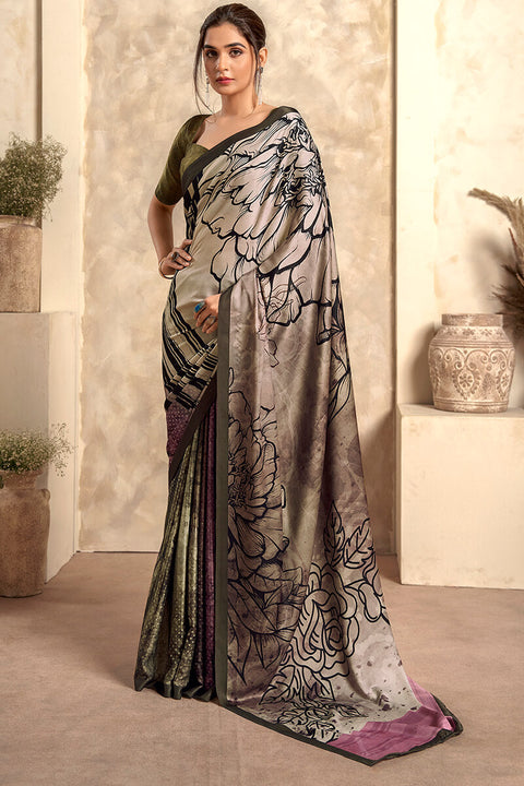 VastraLakshmi Fragrant Grey Digital Printed Soft Silk Saree With Woebegone Blouse Piece