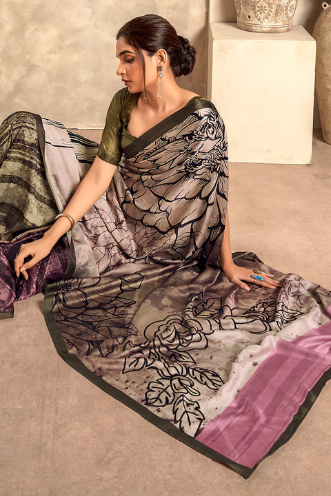 VastraLakshmi Fragrant Grey Digital Printed Soft Silk Saree With Woebegone Blouse Piece