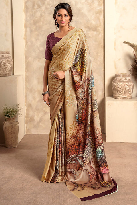 VastraLakshmi Lagniappe Brown Digital Printed Soft Silk Saree With Desultory Blouse Piece