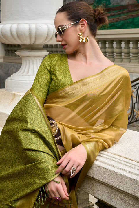 VastraLakshmi Rhapsody Mehndi Soft Tissue Silk Saree With Grandiose Blouse Piece