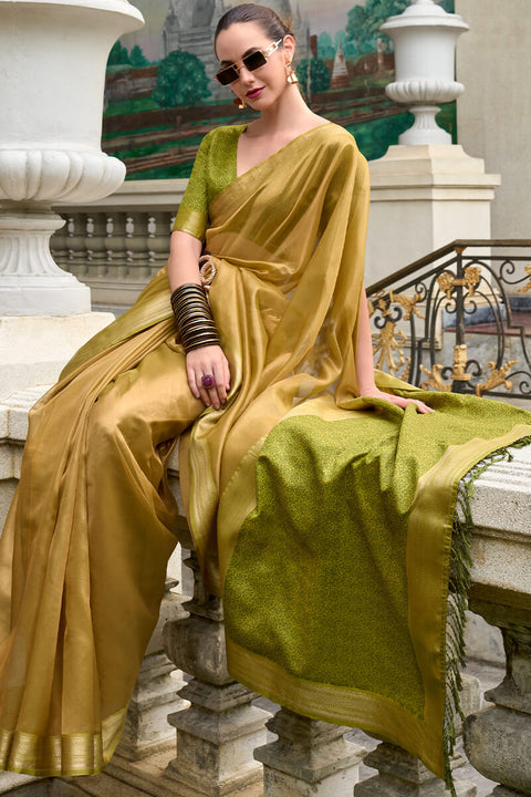 VastraLakshmi Rhapsody Mehndi Soft Tissue Silk Saree With Grandiose Blouse Piece