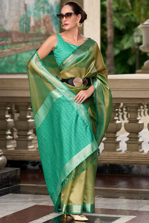 VastraLakshmi Sumptuous Green Soft Tissue Silk Saree With Gossamer Blouse Piece