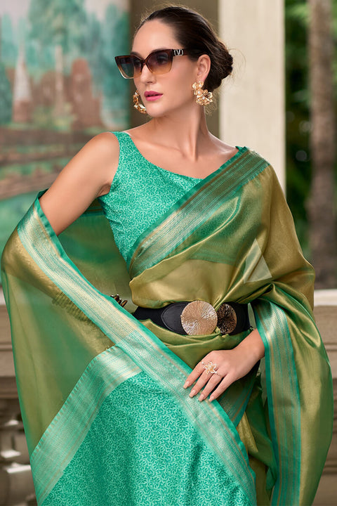 VastraLakshmi Sumptuous Green Soft Tissue Silk Saree With Gossamer Blouse Piece