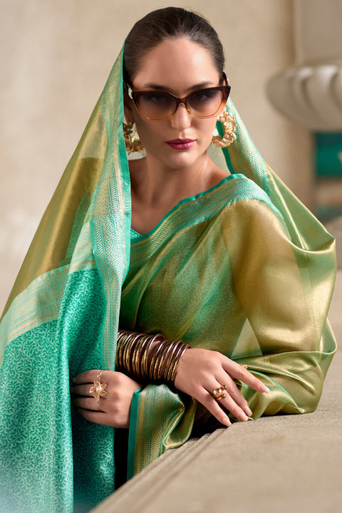 VastraLakshmi Sumptuous Green Soft Tissue Silk Saree With Gossamer Blouse Piece