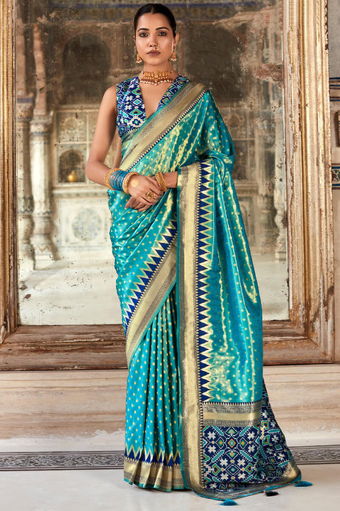 VastraLakshmi Lagniappe Firozi Soft Banarasi Silk Saree With Petrichor Blouse Piece