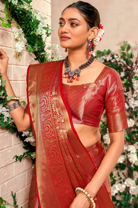 VastraLakshmi Marvellous Red Kanjivaram Silk Saree With Staring Blouse Piece