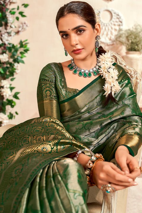 VastraLakshmi Desiring Dark Green Kanjivaram Silk Saree With Ravishing Blouse Piece