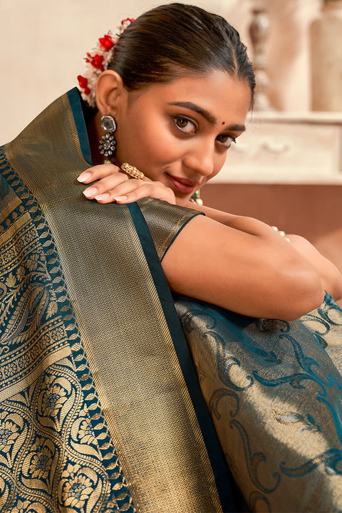 VastraLakshmi Demure Rama Kanjivaram Silk Saree With Evanescent Blouse Piece