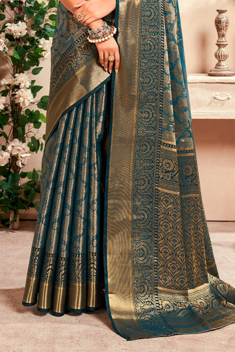 VastraLakshmi Demure Rama Kanjivaram Silk Saree With Evanescent Blouse Piece