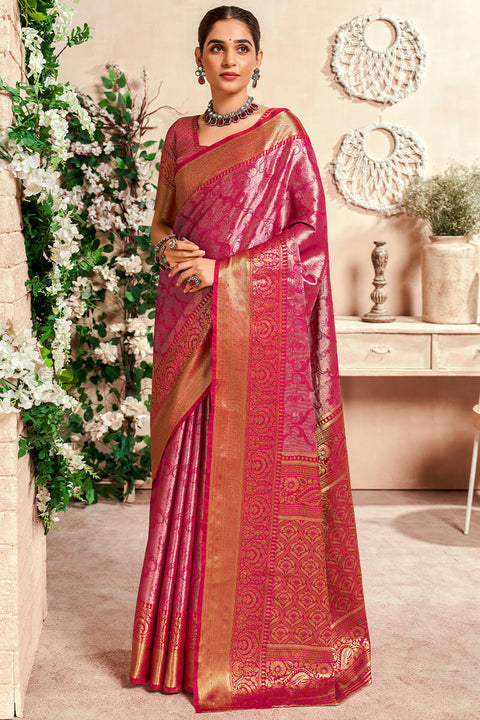 VastraLakshmi Panoply Dark Pink Kanjivaram Silk Saree With Woebegone Blouse Piece