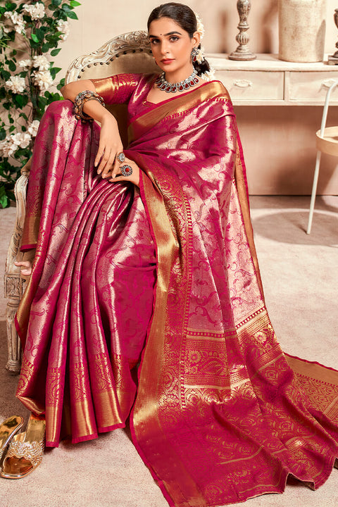 VastraLakshmi Panoply Dark Pink Kanjivaram Silk Saree With Woebegone Blouse Piece