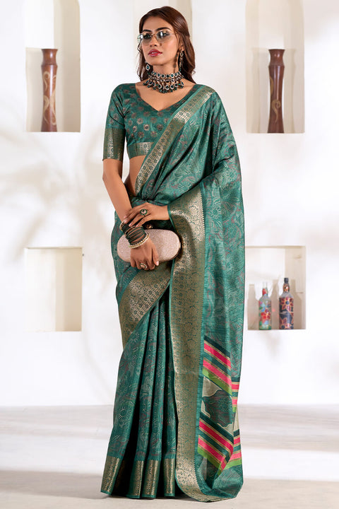 VastraLakshmi Panoply Rama Digital Printed Dola Silk Saree With Chatoyant Blouse Piece