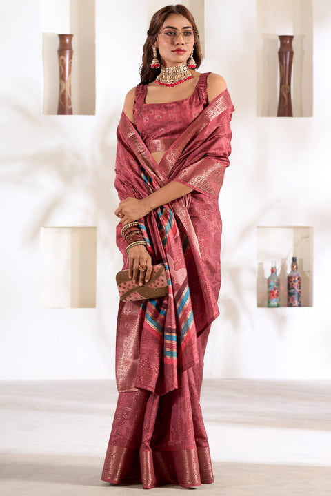 VastraLakshmi Comely Maroon Digital Printed Dola Silk Saree With Arresting Blouse Piece