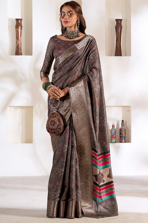 VastraLakshmi Phenomenal Grey Digital Printed Dola Silk Saree With Elegant Blouse Piece