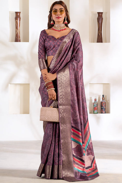 VastraLakshmi Marvellous Lavender Digital Printed Dola Silk Saree With Ravishing Blouse Piece