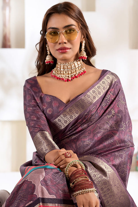 VastraLakshmi Marvellous Lavender Digital Printed Dola Silk Saree With Ravishing Blouse Piece