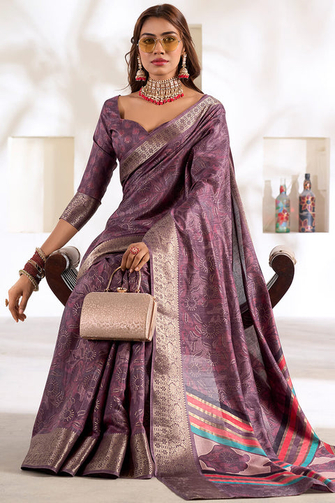 VastraLakshmi Marvellous Lavender Digital Printed Dola Silk Saree With Ravishing Blouse Piece