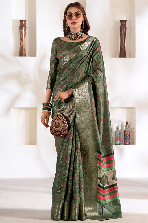 VastraLakshmi Beauteous Green Digital Printed Dola Silk Saree With Lassitude Blouse Piece