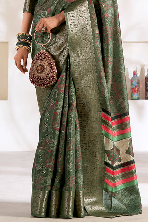 VastraLakshmi Beauteous Green Digital Printed Dola Silk Saree With Lassitude Blouse Piece