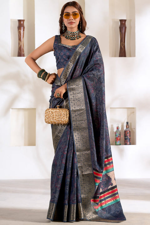 VastraLakshmi Confounding Blue Digital Printed Dola Silk Saree With Vivacious Blouse Piece