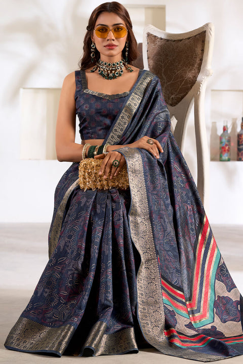 VastraLakshmi Confounding Blue Digital Printed Dola Silk Saree With Vivacious Blouse Piece