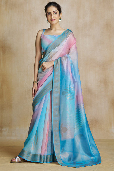 VastraLakshmi Woebegone Sky Soft Banarasi Silk Saree With Palimpsest Blouse Piece