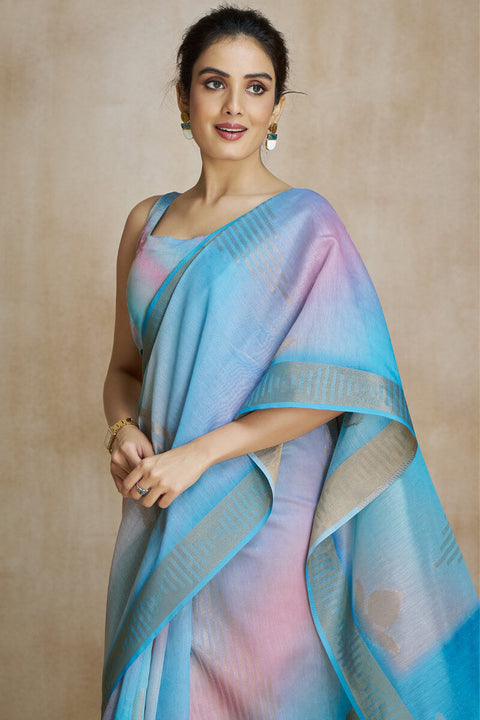 VastraLakshmi Woebegone Sky Soft Banarasi Silk Saree With Palimpsest Blouse Piece