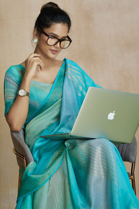 VastraLakshmi Ravishing Turquoise Soft Banarasi Silk Saree With Ethereal Blouse Piece