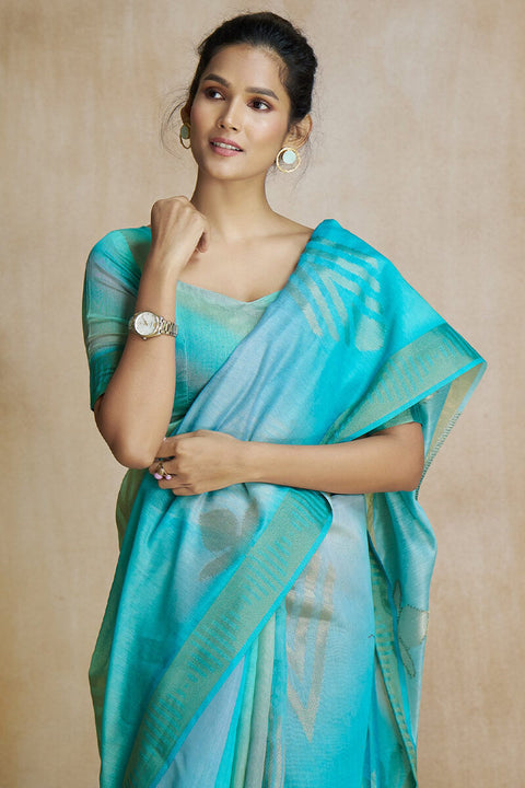 VastraLakshmi Ravishing Turquoise Soft Banarasi Silk Saree With Ethereal Blouse Piece