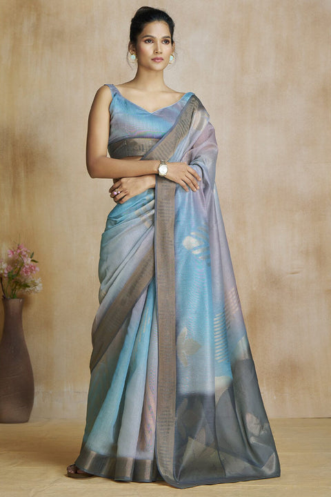 VastraLakshmi Ornate Grey and Sky Soft Banarasi Silk Saree With Supernal Blouse Piece