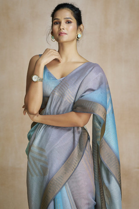 VastraLakshmi Ornate Grey and Sky Soft Banarasi Silk Saree With Supernal Blouse Piece