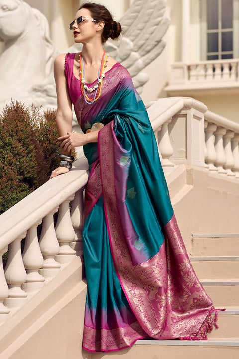 VastraLakshmi Preferable Rama Soft Banarasi Silk Saree With Ethnic Blouse Piece