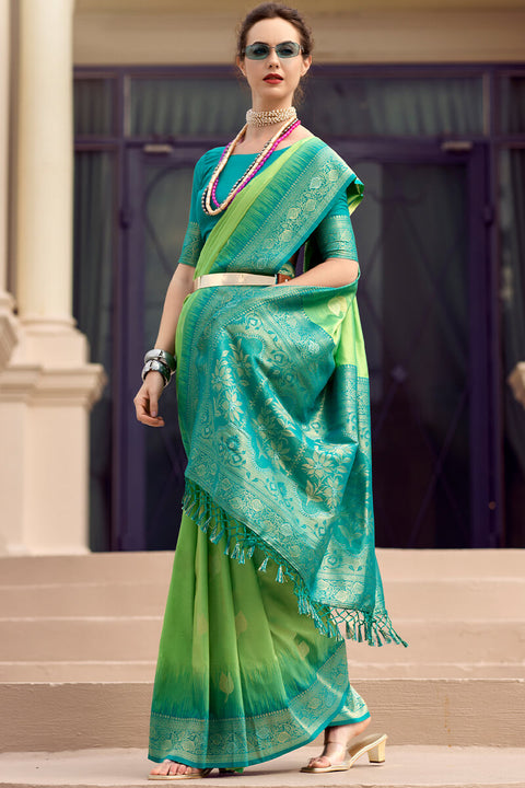 VastraLakshmi Desuetude Green Soft Banarasi Silk Saree With Palimpsest Blouse Piece