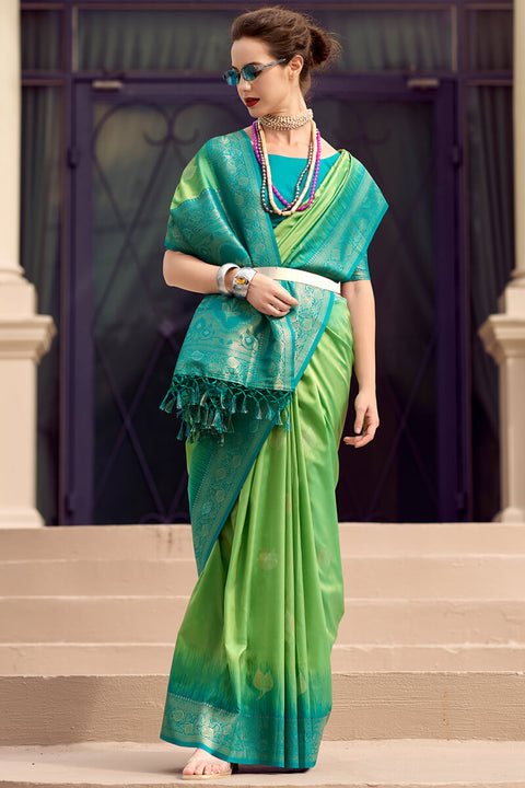 VastraLakshmi Desuetude Green Soft Banarasi Silk Saree With Palimpsest Blouse Piece