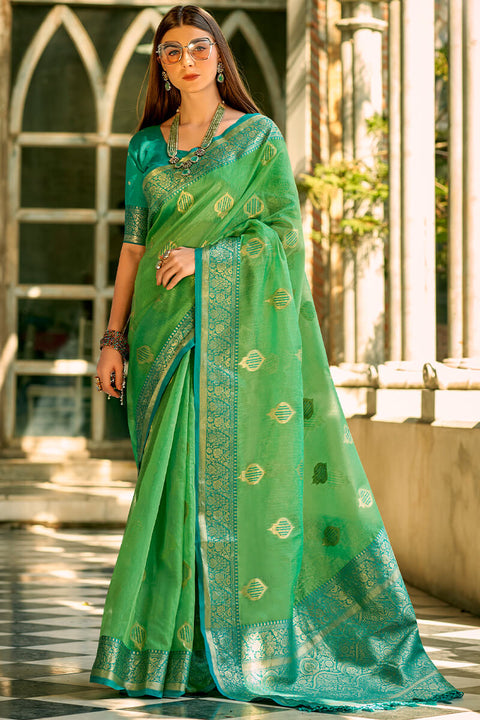 VastraLakshmi Innovative Parrot Soft Banarasi Tissue Silk Saree With Glowing Blouse Piece