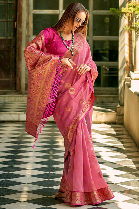 VastraLakshmi Ravishing Dark Pink Soft Banarasi Tissue Silk Saree With Inspiring Blouse Piece