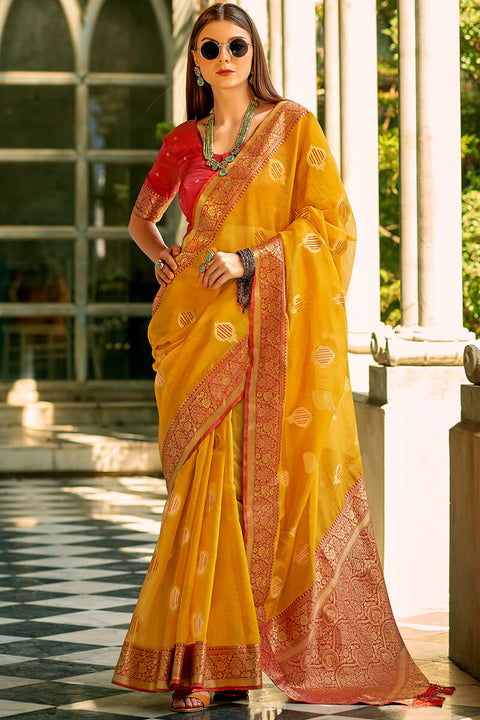 VastraLakshmi Ailurophile Yellow Soft Banarasi Tissue Silk Saree With Ebullience Blouse Piece