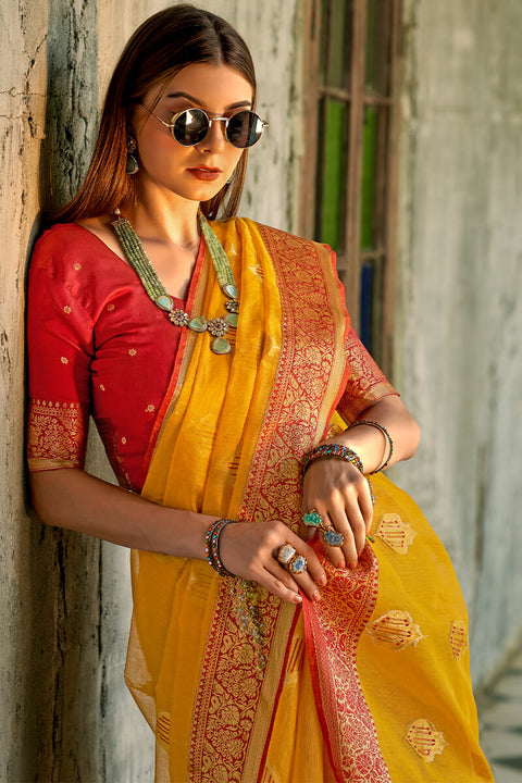 VastraLakshmi Ailurophile Yellow Soft Banarasi Tissue Silk Saree With Ebullience Blouse Piece