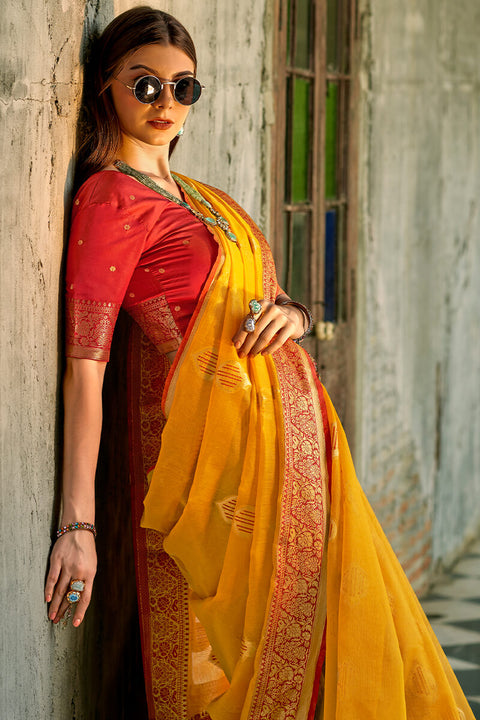 VastraLakshmi Ailurophile Yellow Soft Banarasi Tissue Silk Saree With Ebullience Blouse Piece