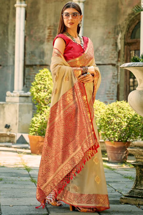 VastraLakshmi Incredible Beige Soft Banarasi Tissue Silk Saree With Transcendent Blouse Piece