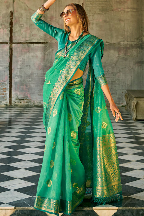 VastraLakshmi Enthralling Green Soft Banarasi Tissue Silk Saree With Glamorous Blouse Piece