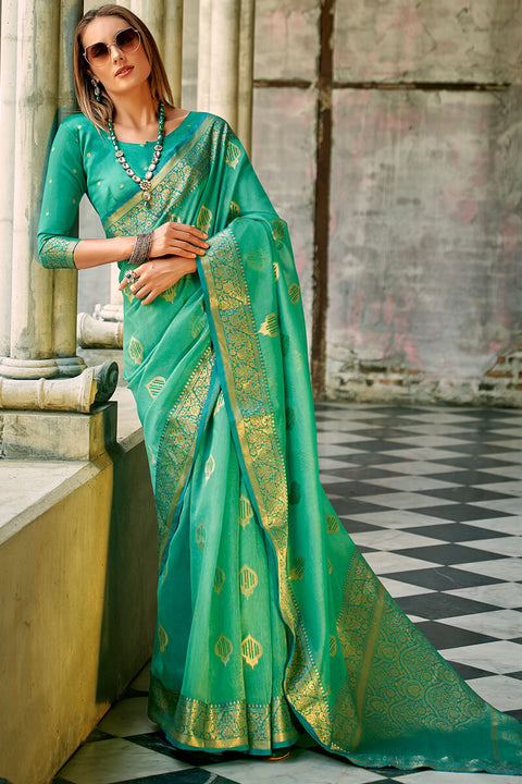 VastraLakshmi Enthralling Green Soft Banarasi Tissue Silk Saree With Glamorous Blouse Piece