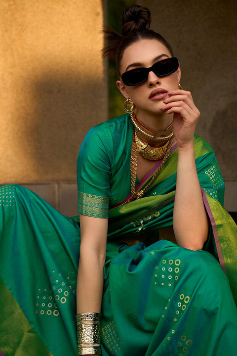 VastraLakshmi Opulent Green Soft Banarasi Silk Saree With Rhapsody Blouse