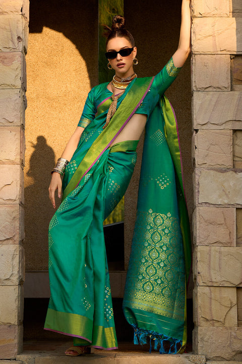 VastraLakshmi Opulent Green Soft Banarasi Silk Saree With Rhapsody Blouse