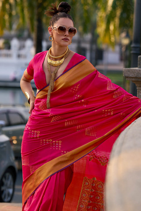 VastraLakshmi Elaborate Dark Pink Soft Banarasi Silk Saree With Ornate Blouse